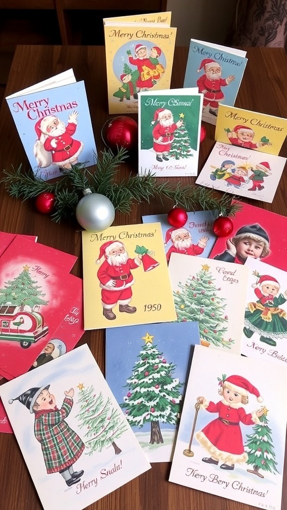 A display of vintage 1950s Christmas cards with festive designs on a wooden table.